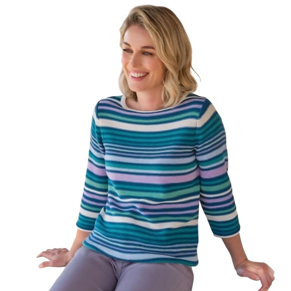 WoolOvers Multi Striped Cotton Sweater Blue Lavender White Size M